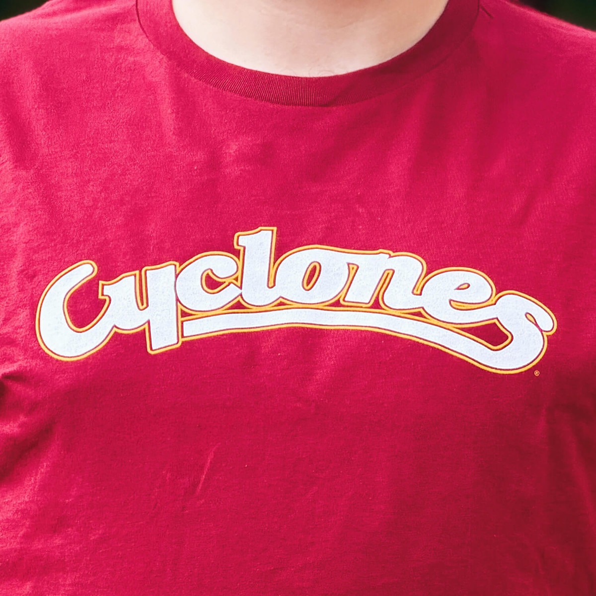 CI Sport Cyclones Script Cardinal Short Sleeve T-Shirt ISF 2026 design close up